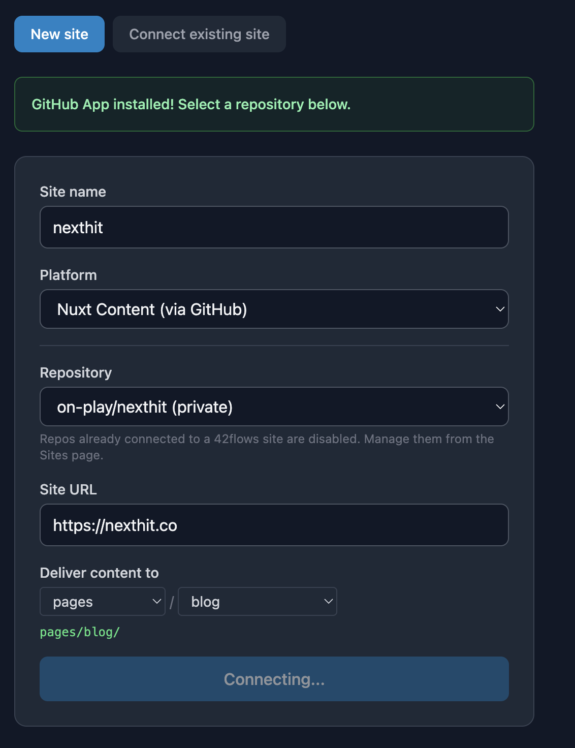 Nuxt connect form with repo selected, site URL entered, and content path set to pages/blog/