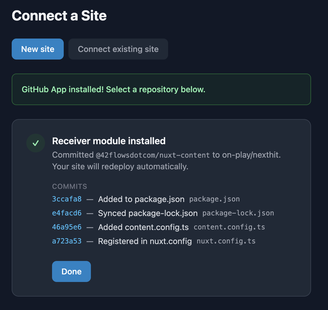 Receiver module installed — four commits listed: package.json, package-lock.json, content.config.ts, nuxt.config.ts